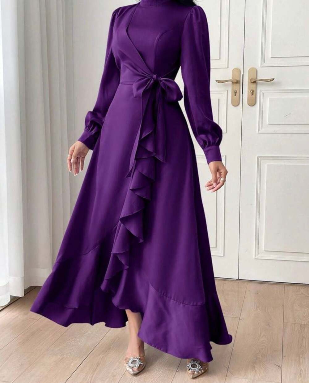 MOTF Premium Solid Lantern Sleeve Ruffle Trim Belted Satin Maxi Dress